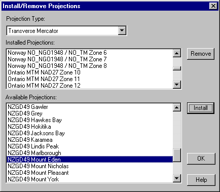 Install Projections Dialog Box