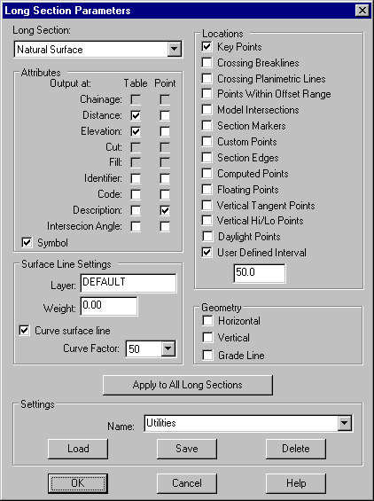 The Long Section Parameters Dialog