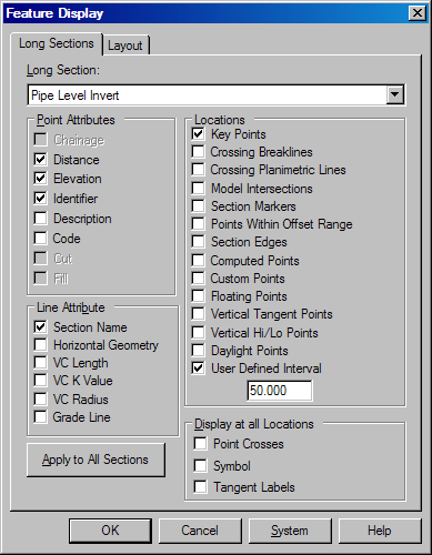 Display Features - Long Sections - Dialog Box