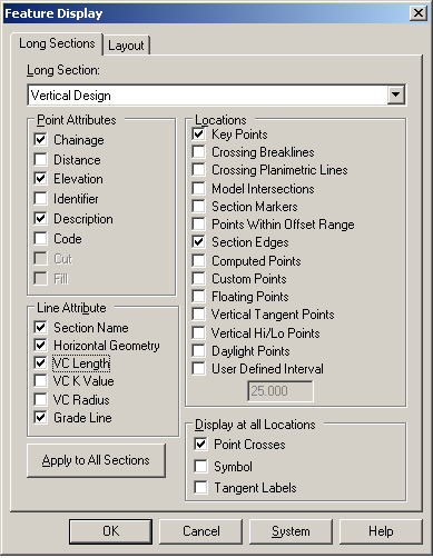 Feature Display Long Sections Vertical Design Dialog Box