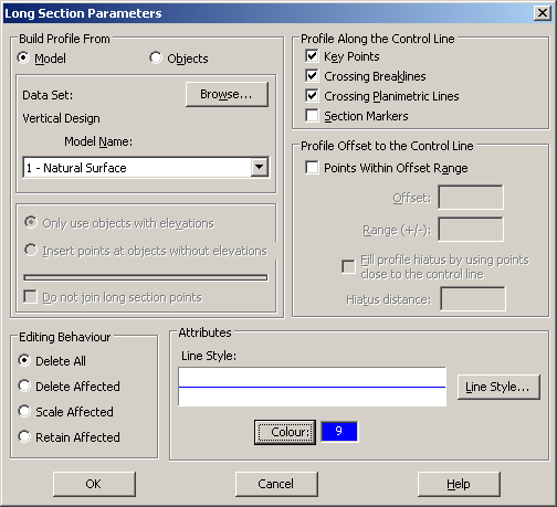 The Long Section Parameters - Model Dialog Box