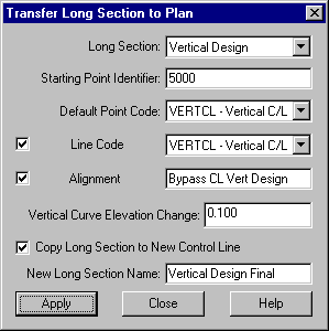 Transfer Long Section To Plan Dialog Box