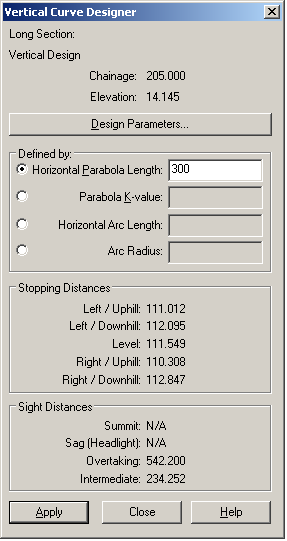 Vertical Curve Designer Dialog Box