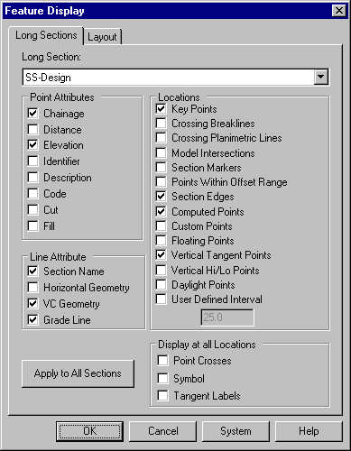 Feature Display, Long Sections Tab For Long Section: SS-Design