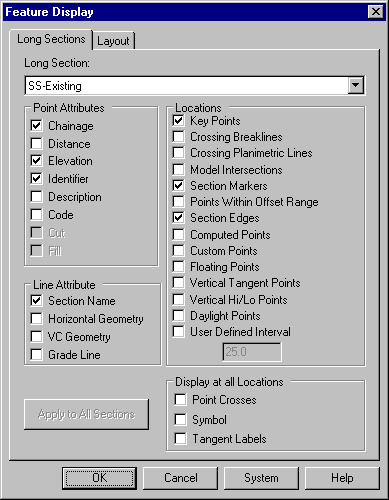 Feature Display, Long Sections Tab For Long Section: SS-Existing