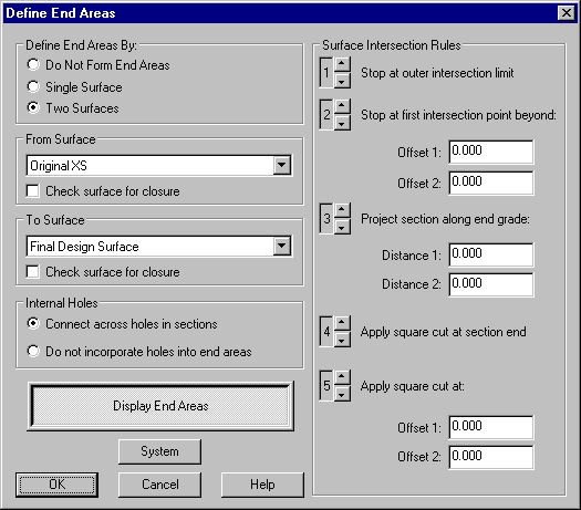 Define End Areas Dialog Box